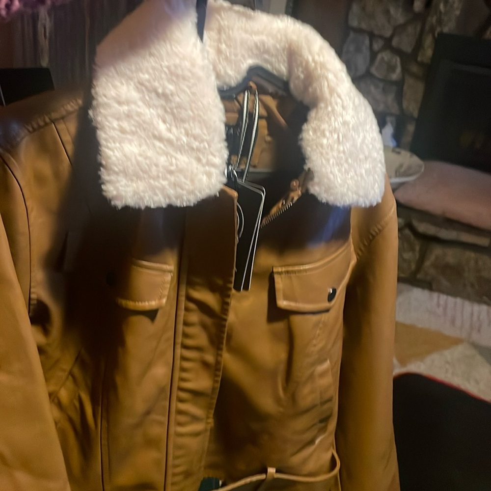 Bernardo’s VEGAN Brown Leather Jacket with FAUX Shearling Collar, Size S